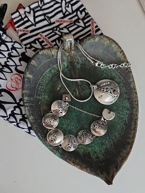 Brighton Silver Embossed Heart & Swirl Pendant Necklace with Matching Bracelet